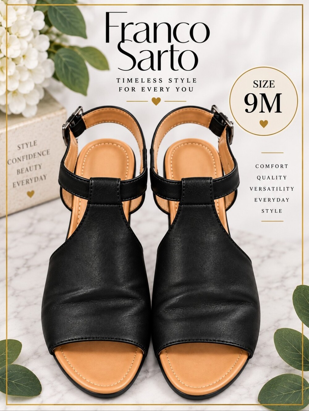 Franco Sarto Black Leather Open-Toe Slingback Wedges
